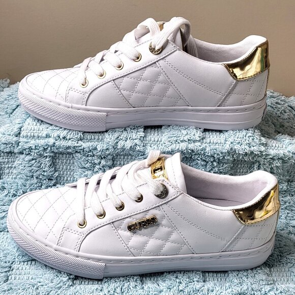 Guess Women Gwloven White Golden Leather Lace-up Sneaker Size 7 - Picture 1 of 9
